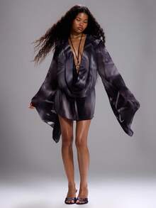 MUSERA 深V露背抽象印花喇叭袖迷你连衣裙，性感外出秋季优雅反乌托邦派对春夏度假风 - 彩色 - 查看 1