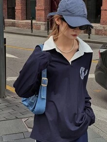 DAZY 少女休闲宽松图案刺绣T恤，秋季 - 藏蓝色 - 查看 7