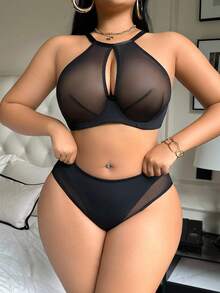 SHEIN 2件套女士加大码纯色网眼钢圈文胸套装 - 黑色 - 查看 3