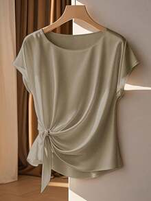 Franclia Blusa elegante de manga curta, gola redonda, babados, laço, cor cáqui, primavera/verão para mulheres