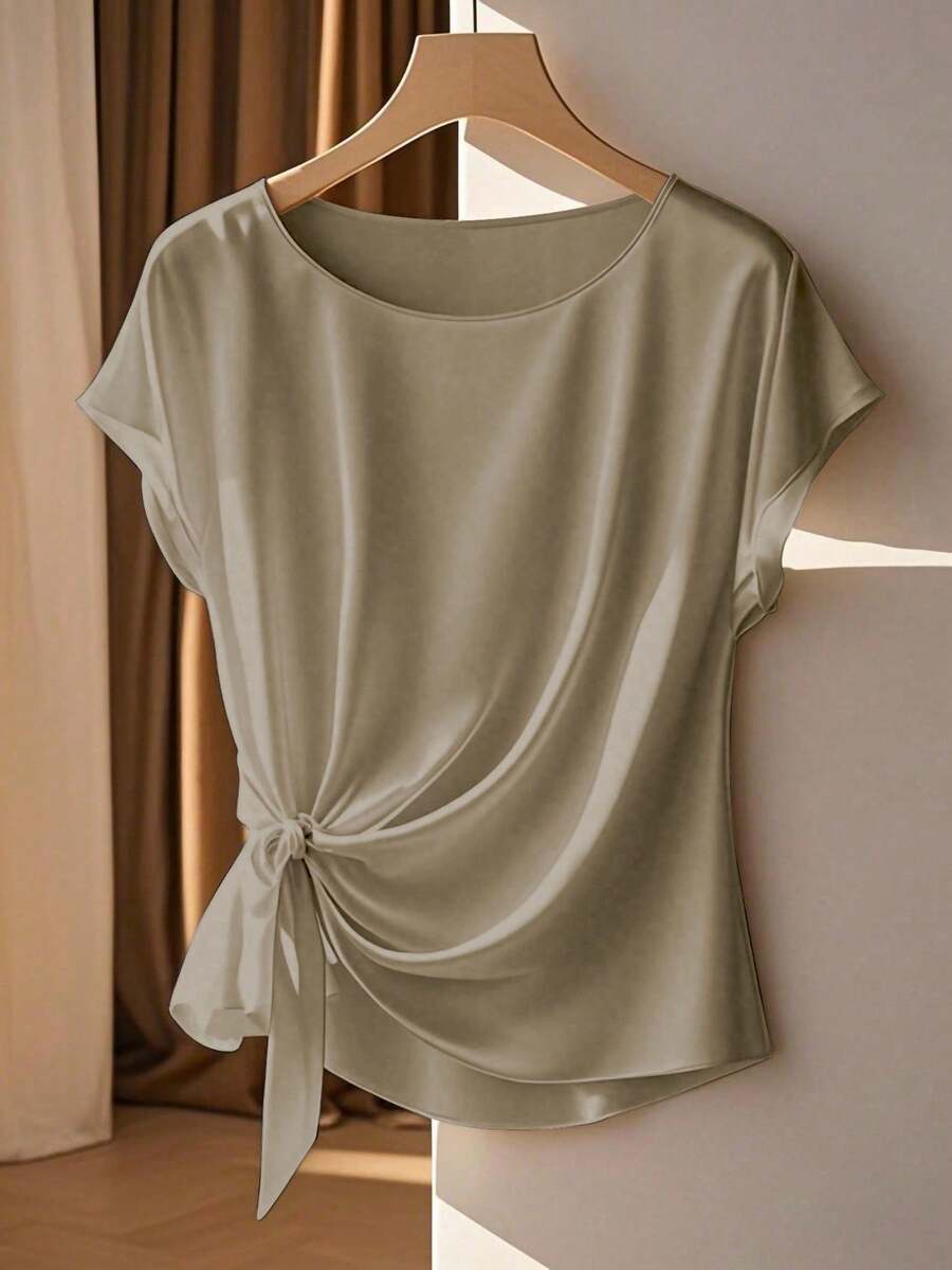 Franclia Blusa elegante de manga curta, gola redonda, babados, laço, cor cáqui, primavera/verão para mulheres