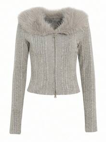 DAZY Women's Plush Collar Patchwork Fitted Short Cardigan, Long Sleeve T-Shirt, Autumn/Winter