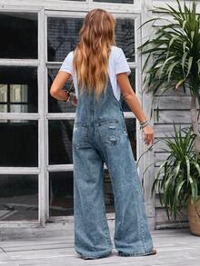EMERY ROSE 女士口袋做旧阔腿牛仔连身裤 - 藍色 - 查看 3