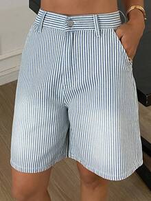DAZY Quần short denim lửng 3/4 dáng suông kẻ sọc phong cách đường phố dành cho nữ. - Xanh và trắng - Xem 6