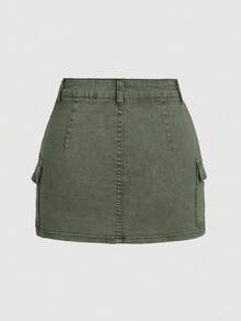 SHEIN MOD 女士时尚休闲口袋迷你牛仔裙 - 軍綠色 - 查看 2