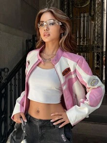 SHEIN ICON Y2K Women's PU Patchwork Motorcycle Jacket, Pink & White, High Collar, Casual Street Wear, Commuting, Autumn/Winter