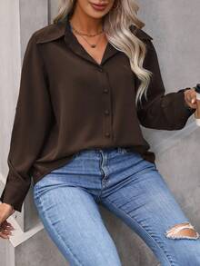 Vionelle Plus Size Women's Elegant Solid Brown Button Down Blouse,Autumn Everyday Long Sleeve Single-Breasted Casual Work Shirt,Coffee Chocolate Brown Top - Chocolate Brown - View 5