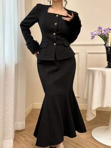 DAZY Bộ 2 áo tay dài và váy liền thân bằng vải nhung cho nữ - màu đen - Xem 6