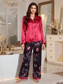 LuxeNights 花卉印花仿丝长袖上衣和裤子睡衣套装，秋季服装 - 彩色 - 查看 7