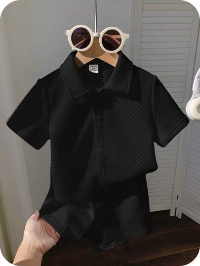 SHEIN 2 件套男婴可爱针织黑色 Polo 衫和短裤套装，适合夏季，适合生日派对、晚会、表演、婚礼、一个月、洗礼和 1 岁庆典