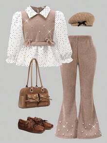 SHEIN Elladie kids 女童休闲衬衫套装，卡其色蝴蝶结设计，串珠针织罗纹面料，拼接梭织面料，白色底黑色波点长袖荷叶边下摆两件套衬衫上衣搭配卡其色珍珠微喇叭裤，两件套，适合返校、休闲、时尚、甜美、舒适的户外旅行秋冬装。