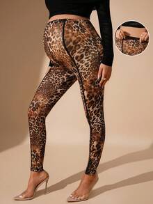 MaterniChic Autumn And Winter Maternity Fashionable Street Leopard Print Contrast Piping Adjustable High Waist Leggings - Black - View 1