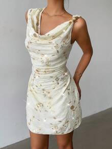 Siren Gaze Women's Autumn Fall Clothes For Women Cream Sequin Draped Neck Sleeveless Elegant Dress, 2025 New Winter Sparkly Beaded Gold Floral Party Prom Wedding Guest Dress, Old Money Luxury Style With Gold Metal Buckle, Ideal For Commute, Date & Streetwear Summer - Multicolor - View 2
