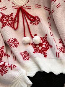 SHEIN LUNE 秋冬女式休闲百搭新款圣诞毛衣 V领长袖雪花图案宽松休闲毛衣 红白配色 冬季女装 秋季女装 圣诞新年 - 彩色 - 查看 5