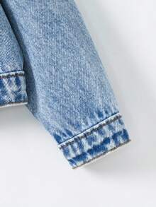 SHEIN 女婴蓝色牛仔翻领长袖短款外套，秋冬季休闲时尚度假装 - 深色水洗藍 - 查看 7