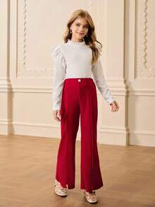 Conjunto de camiseta básica de manga larga de cuello redondo ajustada de unicolor y pantalones acampanados de cintura alta de unicolor, estilo casual minimalista, adecuado para volver al colegio, otoño - Burdeos - Ver 1