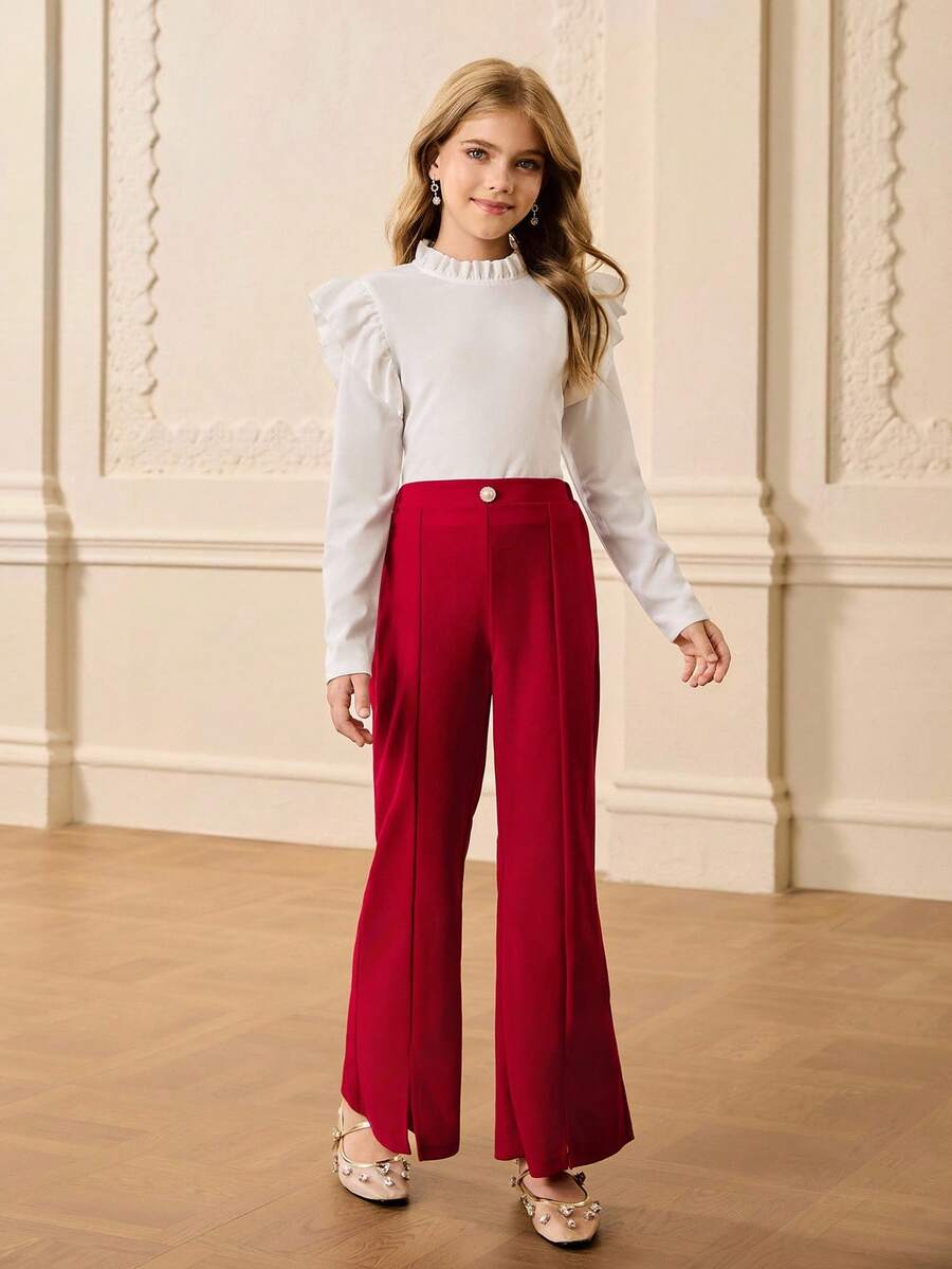 Conjunto de camiseta básica de manga larga de cuello redondo ajustada de unicolor y pantalones acampanados de cintura alta de unicolor, estilo casual minimalista, adecuado para volver al colegio, otoño - Burdeos - Ver 1