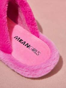 Mean Girls X SHEIN Pantofole da donna alla moda e carine con ricamo argento, antiscivolo per interni, morbide pantofole rosa in pelliccia sintetica calde per l'inverno, suola durevole, adatte per casa, camera da letto, stanze climatizzate in primavera e autunno
