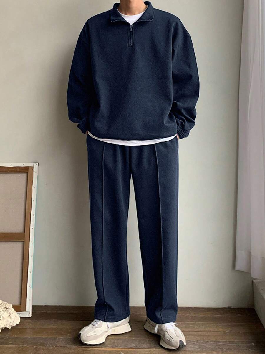 DAZY 男士纯色海军蓝半拉链套头衫套装（秋冬） - 藏蓝色 - 查看 1