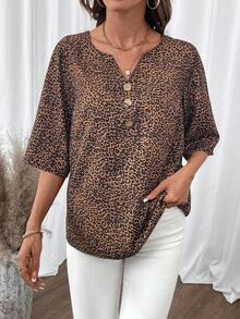 EMERY ROSE 女式豹纹 V 领纽扣设计 3/4 袖宽松时尚衬衫