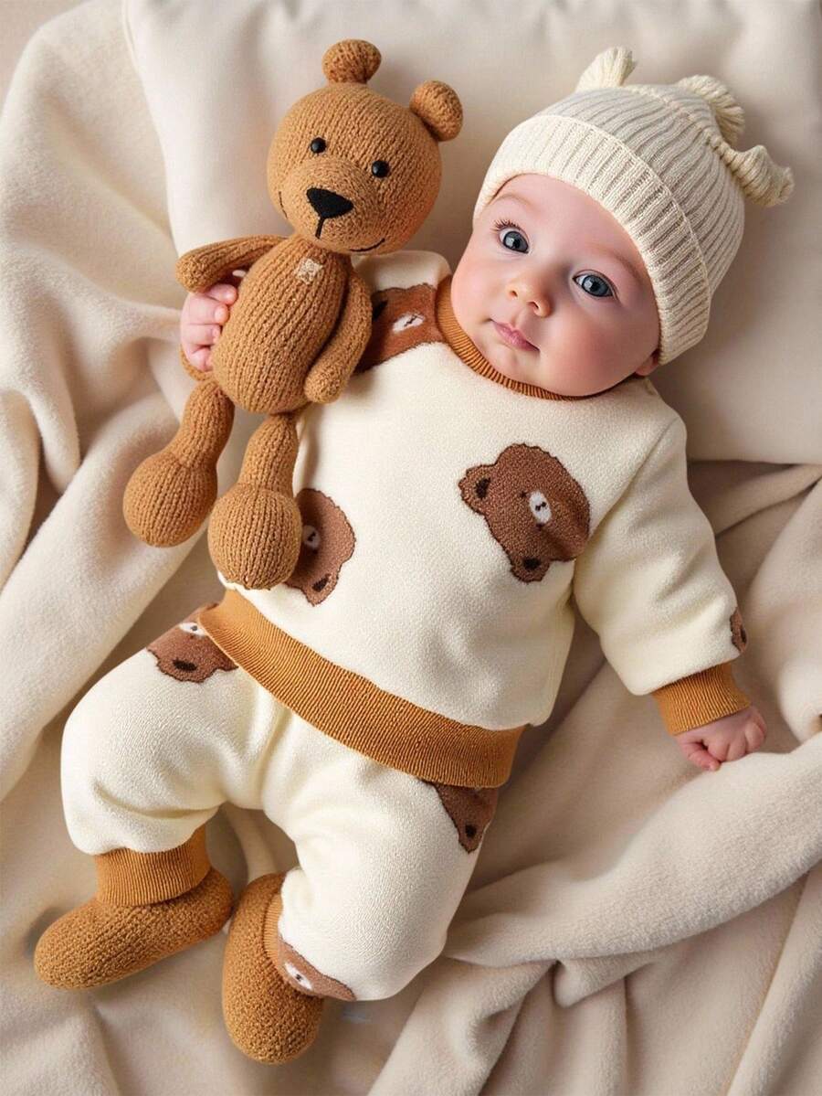 SHEIN 新生男婴杏色卡通泰迪熊毛绒圆领连帽衫和裤子两件套可爱休闲 - 彩色 - 查看 1