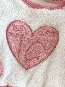 2 件套女婴粉色格子和心形提花羊毛睡衣套装，保暖长袖上衣和裤子，适合秋冬季日常穿着 - 粉色 - 查看 7