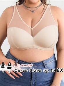 SHEIN CURVE+ Plus Size Solid Color Mesh Insert Wireless Curved Brasummer/Country/Beach Vacation Outfits/Beach Outfits/Beach Wear