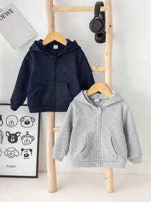 SHEIN 2 件套婴儿男童/女童休闲纯色连帽夹克，灰色和黑色连帽衫，适合秋冬季 - 彩色 - 查看 4