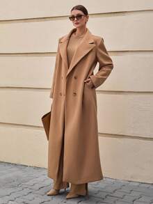 CLARA VERO Dam H-linjeformad lång ullkappa med slag, jacka, rockar, vinterkläder, jackor - Kamel - Visa 4