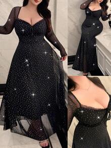 Flirla 大码女式秋冬方领褶饰腰部 A 字形网眼闪亮亮片连衣裙，优雅复古可爱派对休闲节日礼服 - 黑色 - 查看 1