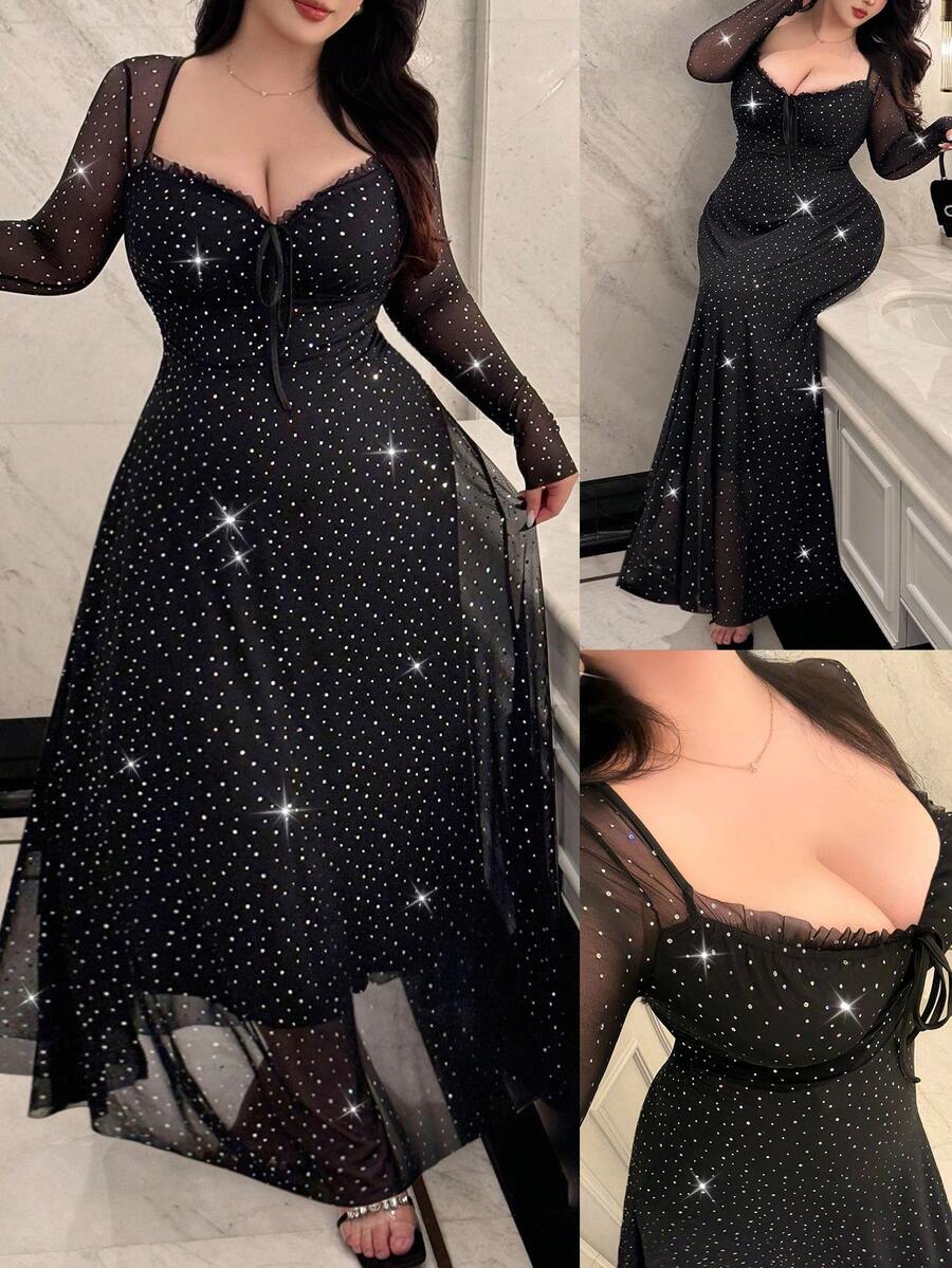 Flirla 大码女式秋冬方领褶饰腰部 A 字形网眼闪亮亮片连衣裙，优雅复古可爱派对休闲节日礼服 - 黑色 - 查看 1