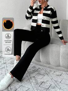 EURMUSE Striped Pattern Cardigan & Knit Pants - Black and White - View 1