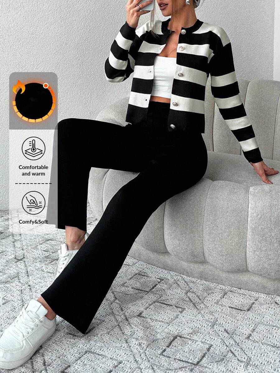 EURMUSE Striped Pattern Cardigan & Knit Pants - Black and White - View 1