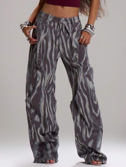 MUSERA Jeans de pierna ancha con detalles de hebilla y estampado, de tiro bajo, sexy para salir, elegante para fiestas de otoño, invierno, Navidad y eventos elegantes