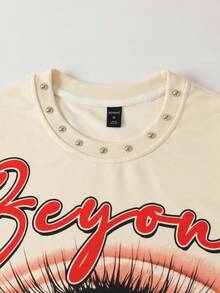 ROMWE MEN Street Life Herren Langarm T-Shirt mit Nieten, Augen- und Buchstaben-Muster, Herbst