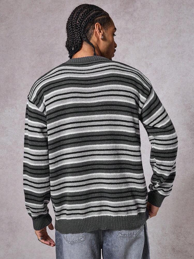 Gothic Letter Embroidery Jacquard Striped Men Sweater, Autumn/Winter