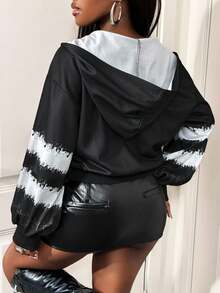 BamGleam 女士扎染落肩长袖拉链卫衣，万圣节 - 黑色 - 查看 2