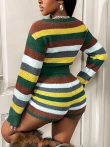SHEIN BamGlam Women's Sweater Set, Multicolor Striped Long Sleeve Loose Crew Neck Top And Bodycon Shorts, Retro Casual Minimalist Knit 2-Piece Outfit - Multicolor - View 2