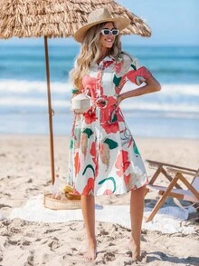 Sylviya Casual Women's Big Floral Open Front Short Sleeve Vacation Shirt Dress Summer Dresses For Women Summer Outfits For Women Derby Dress Business Casual Woman Vacation Dress