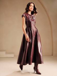 Anewsta Fashionable Casual Deep V Dropped Shoulder PU Wine Red Women's Christmas, New Year Party Dress - Burgundy - View 3