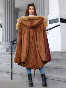 SHEIN Clasi Curve 大码女式日常休闲酒红色拉链连帽抽绳收腰长袖防风外套，带口袋、加热毛领和加热毛绒内衬，加厚保暖内衬提供额外保暖防风，温暖防寒，2025 新款，舒适保暖，大码女式长袖口袋休闲外套，适合秋季、冬季穿着，复古风格，适合外出穿着。 - 酒紅色 - 查看 7