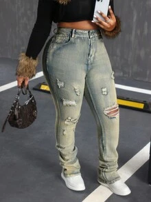 Slaydiva Plus Size Women Stretch Distressed Denim Jeans, Retro American Style, Street Fashion, Ankle Length Skinny Fit, Autumn Ripped Women Jeans Stacked Jeans Women Distressed Jeans Denim Women Women Jeans Low Rise Jeans Y2k Style Jeans Winter Women Pants Women Jeans Women Denim