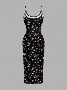 SHEIN EZwear 休闲简约全身印花紧身吊带长裙，适合夏季度假 - 彩色 - 查看 4