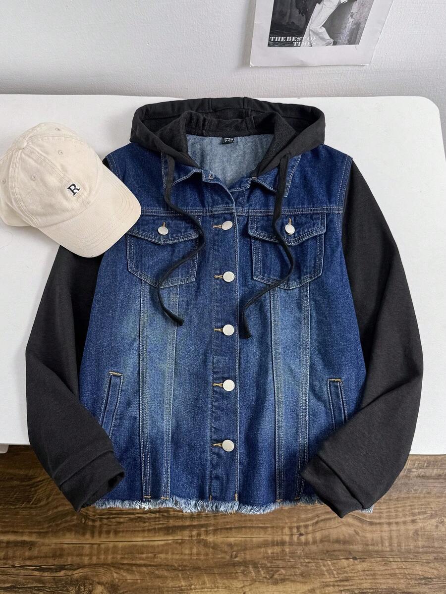 Comfortcana Raw Hem Drawstring Hooded Denim Jacket, Fall Women Clothes - Dark Wash - View 1