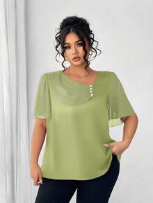 Elenzga Plus Size Asymmetrical Ruffle Collar Button Decor Short Sleeve Elegant Blouse - Green - View 4
