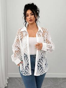 Elenzga 大码女式水溶性蕾丝花边长袖衬衫 - 白色 - 查看 4