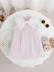 Souflis Souflis 女婴休闲优雅甜美公主风格蓝色条纹无袖连衣裙，带白色蝴蝶结领口装饰，夏季 - 粉色 - 查看 3