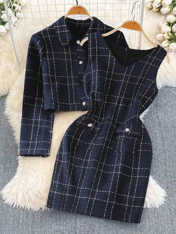 SHEIN Franclia 2025 Fall/Winter New 2-Piece Women's Elegant Long-Sleeved Tweed Jacket And Waisted Tight Dress. Navy Blue Tweed Fabric Is Comfortable And Warm, With Delicate Gold Buttons. Elegant Commuting Outfit. Women's Fall/Winter Outfit, Fall/Winter Two-Piece Outfit, Long-Sleeved Jacket And Sleeveless Dress For Versatile Commuting. The Dress Has Real Pockets And Metallic Buttons. The Dress Has A Center Back Zipper For A Slimming Look And A Long-Sleeved Jacket With An Open Placket For A Slimming, Youthful, And Versatile Commuting Two-Piece Suit. Women's Elegant Fall/Winter New Dress, Fall/Winter New Coat, Women's Fall/Winter Clothing.