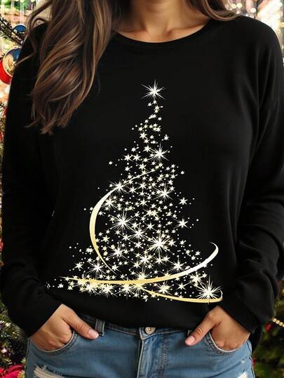 DrmWander Damska koszulka z długim rękawem i nadrukiem w rozmiarze plus size, w stylu świątecznym