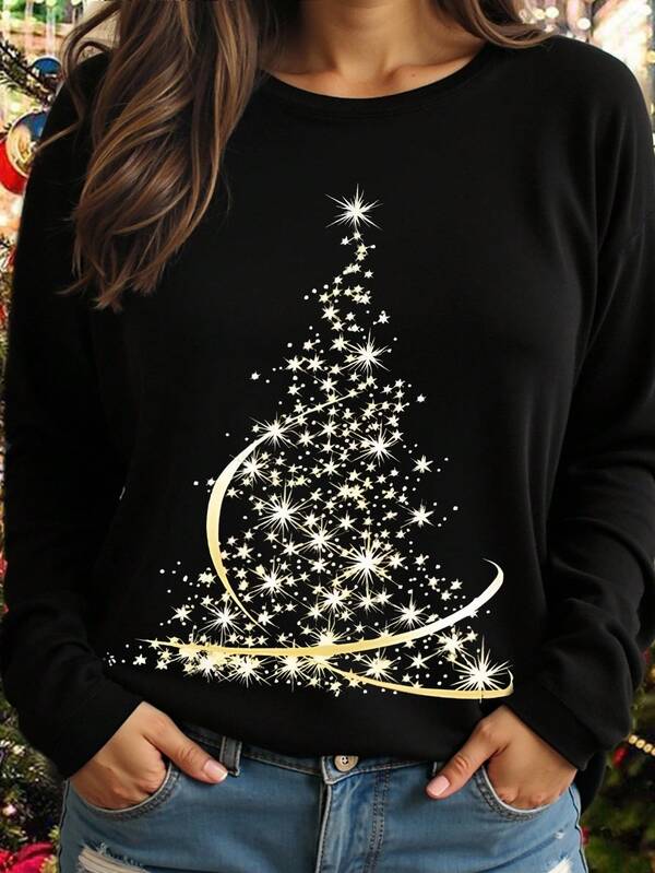 DrmWander Damska koszulka z długim rękawem i nadrukiem w rozmiarze plus size, w stylu świątecznym